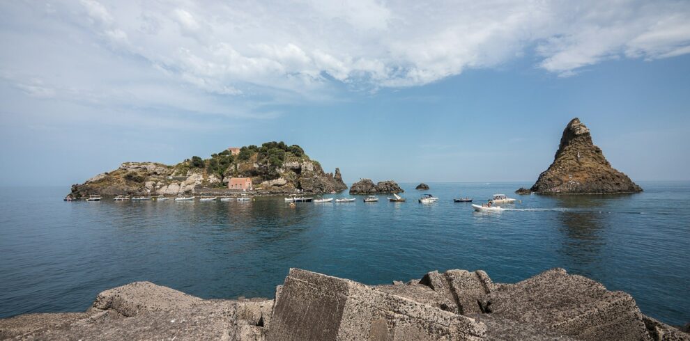 Island of the Cyclops and stack of Madonna, Aci Trezza, Italy